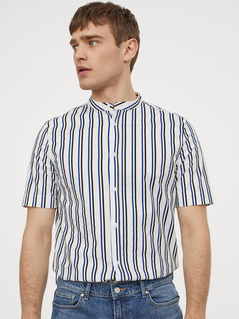 

H&M Men White & Blue Striped Cotton Shirt Muscle Fit