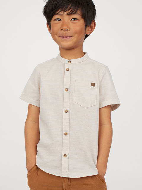 

H&M Boys Beige Solid Cotton Grandad Shirt