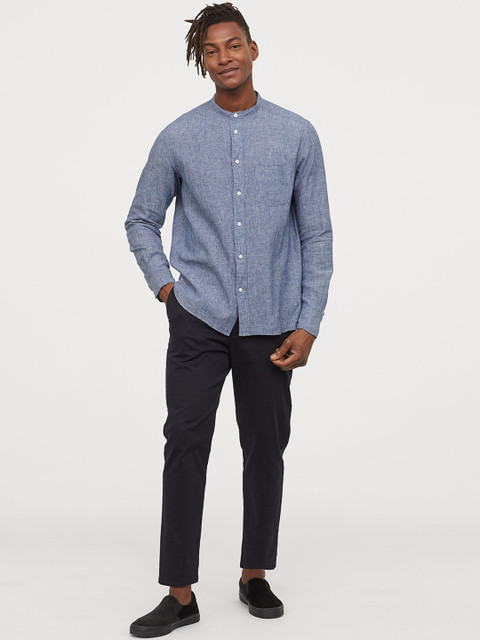 

H&M Men Blue & White Striped Linen-Blend Regular Fit Shirt