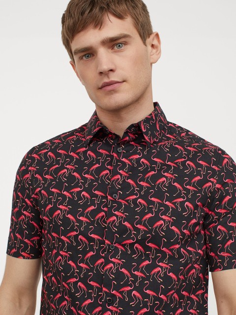 

H&M Men Black Printed Cotton Shirt Muscle Fit