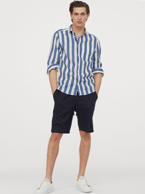 

H&M Men White & Blue Striped Slim Fit Linen-Blend Shirt