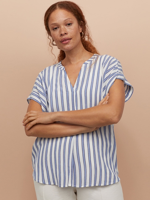 

H&M Women Blue & White Striped Crinkled Blouse