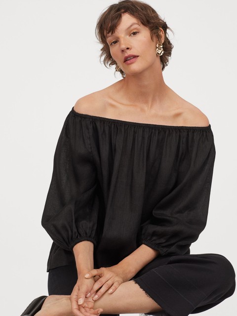 

H&M Women Black Solid Linen Blouse