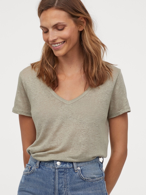 

H&M Women Green Linen jersey top