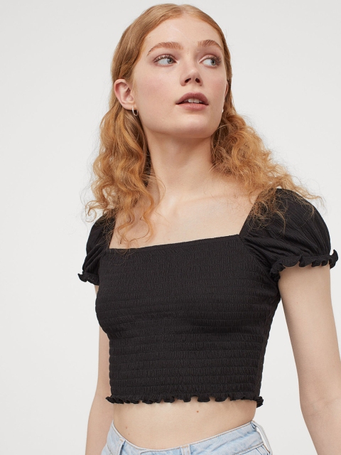 

H&M Women Black Solid Smocked Cropped Top