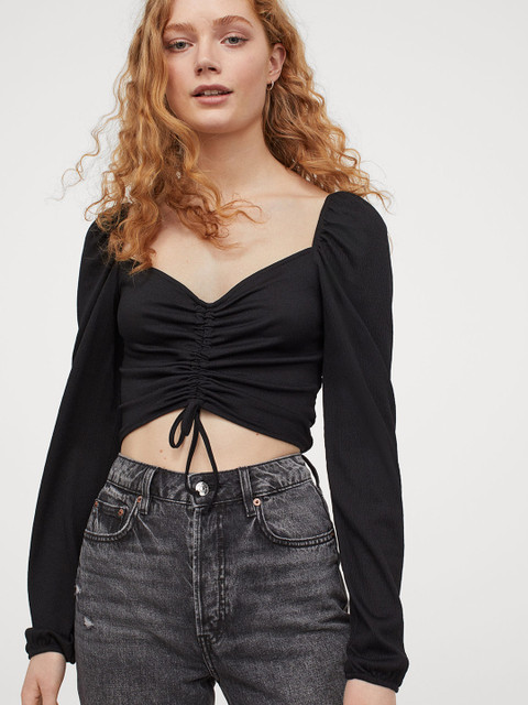 

H&M Women Black Solid Drawstring-Front Crop Top
