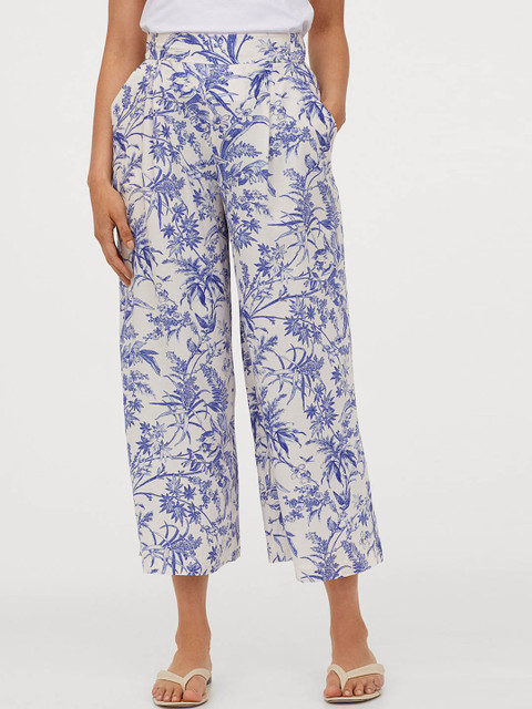 

H&M Women White & Blue Printed Wide Trousers