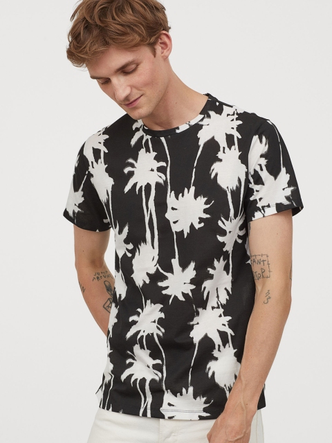 

H&M Men White & Black Floral Print Cotton T-shirt