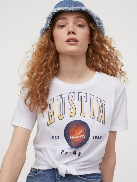 

H&M Women White Printed Tie-Hem T-shirt