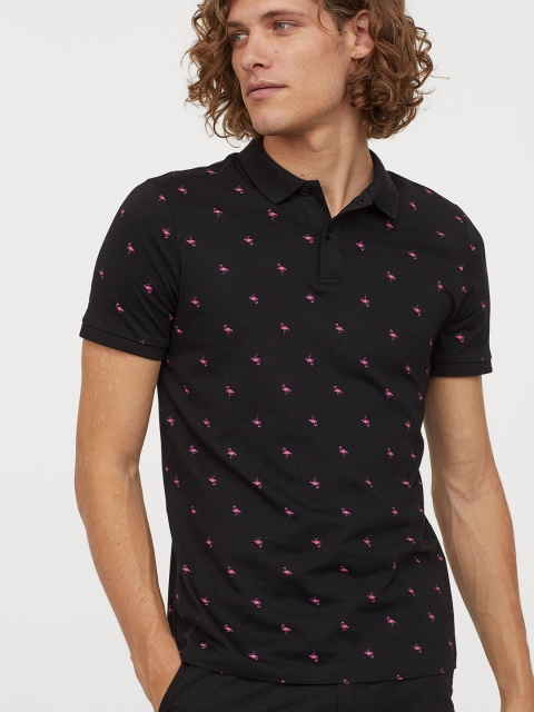 

H&M Men Black & Pink Printed Polo Shirt Slim Fit