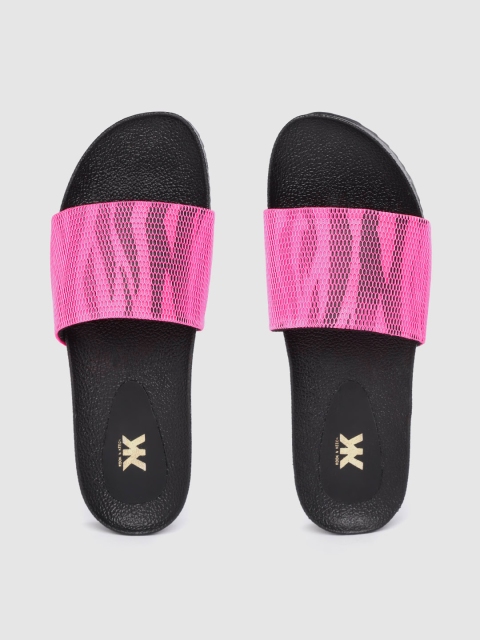 

Kook N Keech Women Pink & Black Woven Design Sliders with Zebra Print Detail
