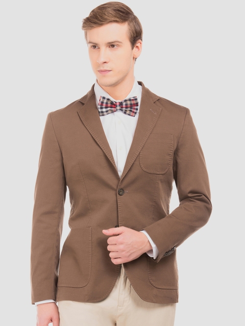 

AD By Arvind Men Brown Solid Slim-Fit Single-Breasted Pure Cotton Blazer
