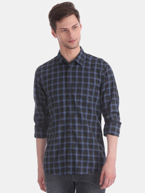 

AD By Arvind Men Olive Green & Blue Slim Fit Checked Casual Shirt