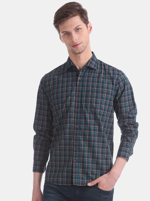 

AD By Arvind Men Navy Blue & Green Slim Fit Checked Casual Shirt