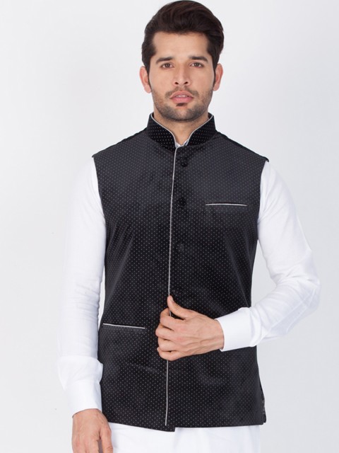 

VASTRAMAY Men Black & Grey Digital Polka Dot Print Velvet Nehru Jacket