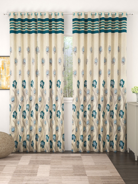 

Story@home Set of 4 Cream-Coloured & Teal Green Premium Jacquard 350GSM Room Darkening Eyelet Long Door Curtains