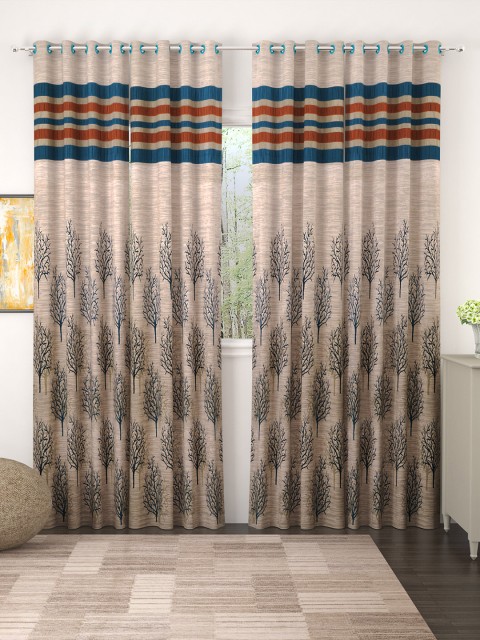 

Story@home Set of 4 Beige & Teal Blue Premium Jacquard 350GSM Room Darkening Eyelet Door Curtains