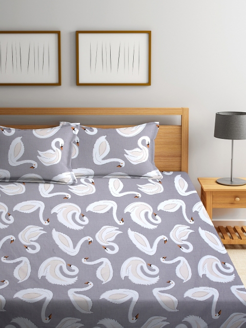 

DREAM WEAVERZ Grey & White Conversational 250 TC Cotton 1 Queen Bedsheet with 2 Pillow Covers