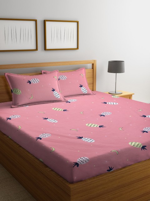 

DREAM WEAVERZ Pink & White Conversational 250 TC Cotton 1 Queen Bedsheet with 2 Pillow Covers