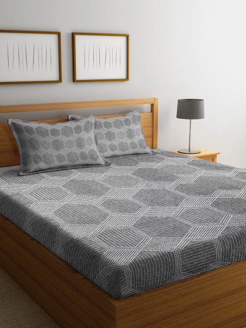 

DREAM WEAVERZ Grey Geometric 250 TC Cotton 1 Queen Bedsheet with 2 Pillow Covers