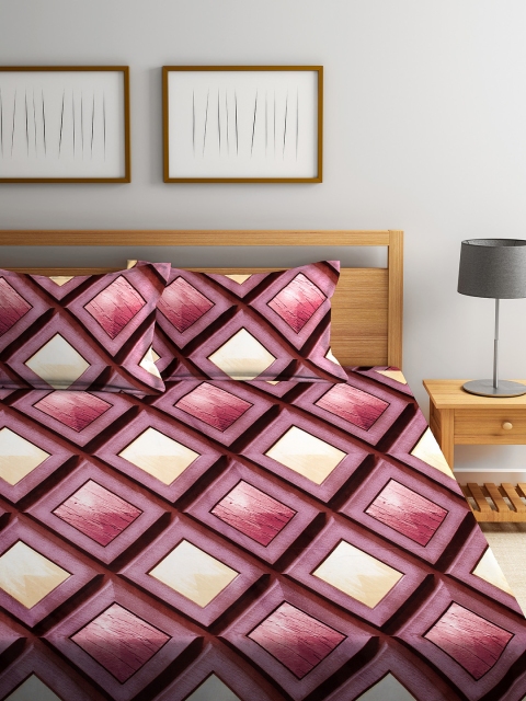 

DREAM WEAVERZ Pink & Beige Geometric 250 TC Cotton 1 King Bedsheet with 2 Pillow Covers