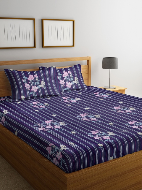 

DREAM WEAVERZ Navy Blue & Pink Striped 250 TC Cotton 1 King Bedsheet with 2 Pillow Covers