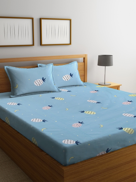 

DREAM WEAVERZ Blue Pineapple Printed 250 TC Cotton 1 Queen Bedsheet with 2 Pillow Covers