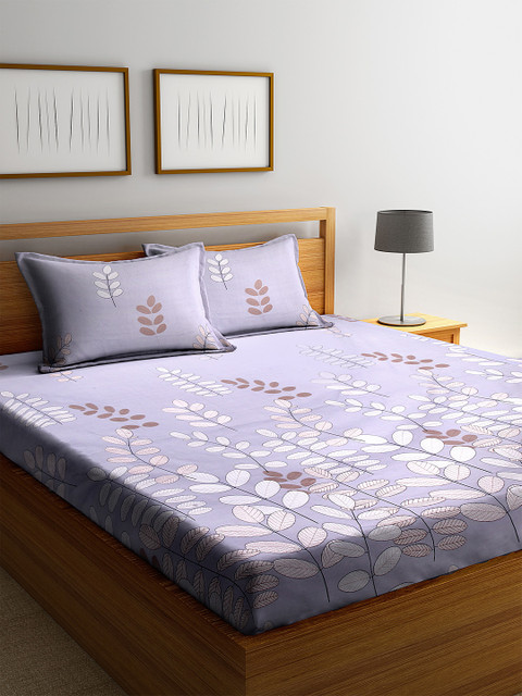 

DREAM WEAVERZ Grey Melange & Beige Floral 250 TC Cotton 1 Queen Bedsheet with 2 Pillow Covers