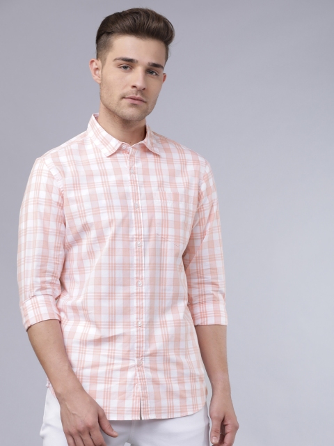 

HIGHLANDER Men White & Peach-Coloured Yarn Dyed Slim Fit Checked Casual Shirt