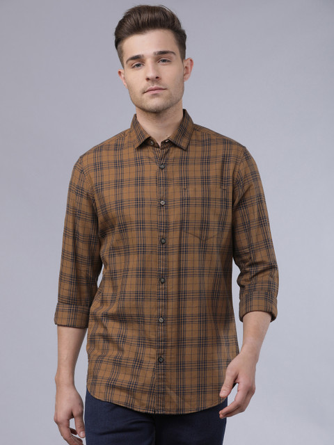 

HIGHLANDER Men Mustard Brown & Navy Blue Yarn Dyed Slim Fit Checked Casual Shirt