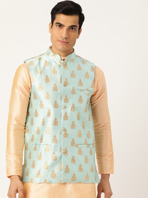 Men Sea Green & Golden Woven Design Nehru Jacket