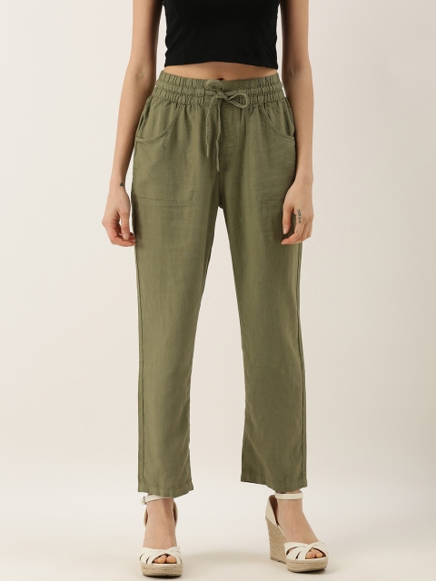 

AND Women Olive Green Straight Fit Solid Regular Trousers
