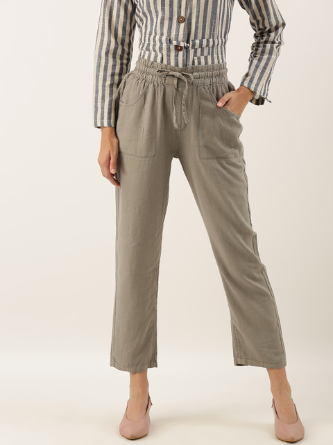 

AND Women Grey Straight Fit Solid Cropped Regular Trousers