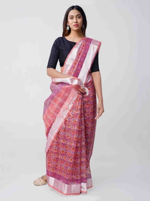 

Unnati Silks Orange & Pink Cotton Blend Printed Kota Sustainable Saree