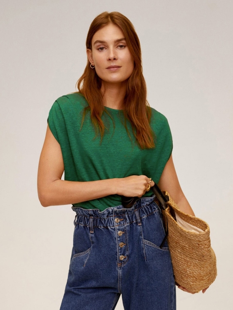 

MANGO Women Green Linen Solid Boxy Top