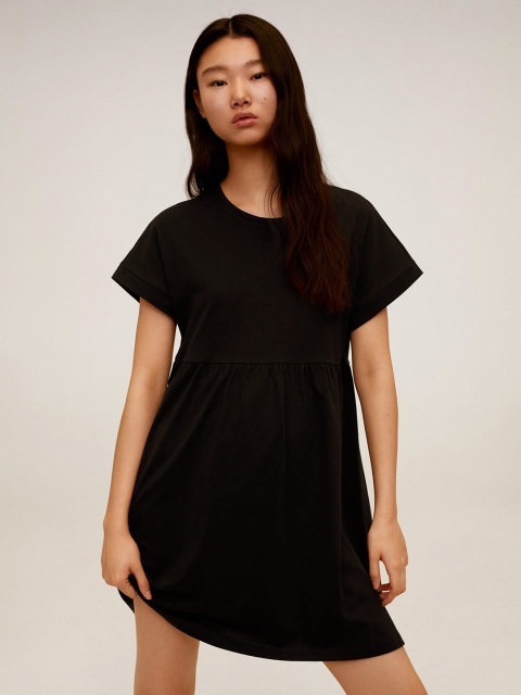 

MANGO Women Black Solid A-Line Dress with Gathers