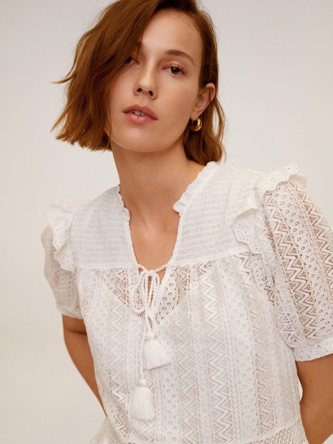 

MANGO Women White Self Design Lace Semi-Sheer A-line Dress with Smocking Detail
