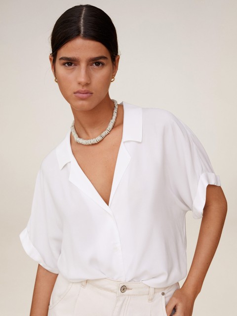 

MANGO Women White Solid Gathered Shirt Style Top