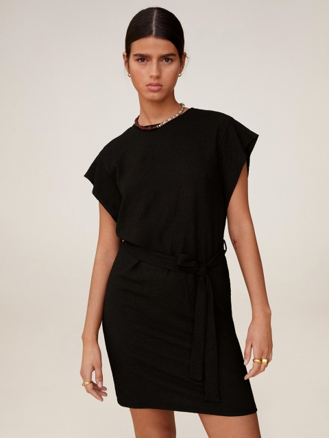 

MANGO Women Black Solid Cap Sleeve Sheath Dress