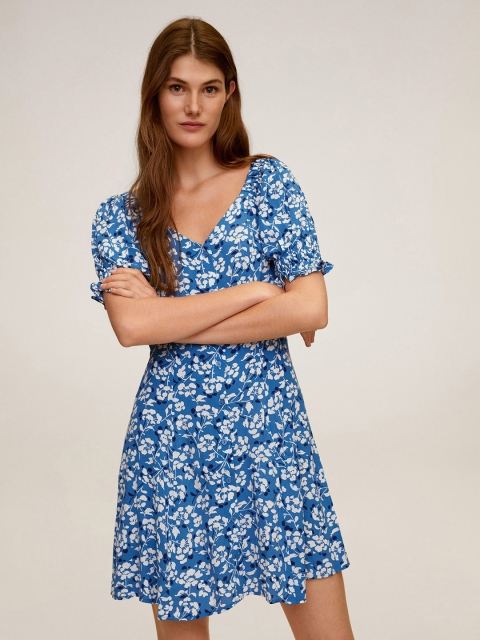 

MANGO Women Blue & White Printed A-Line Dress