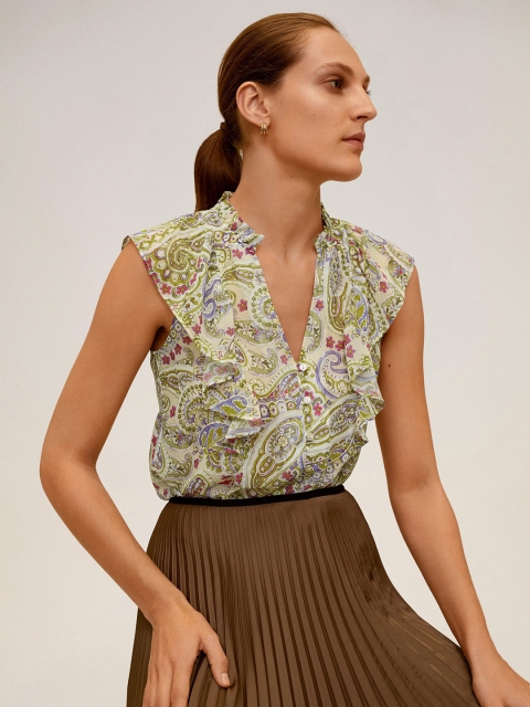 

MANGO Women Beige & Blue Ethnic Printed Top