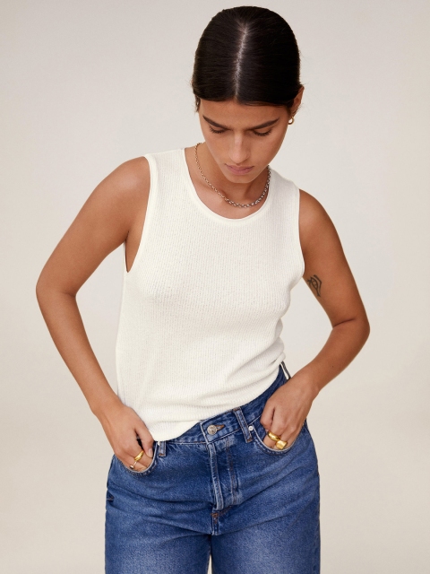 

MANGO Women White Solid Ribbed Knitted Top