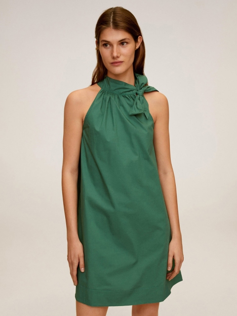 

MANGO Women Green Solid A-Line Dress with Tie-Up Neck