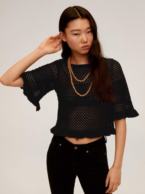 

MANGO Women Black Self Design Sheer Pure Cotton Top