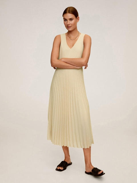 

MANGO Women Off-White Solid Fit and Flare Dress with Accordion Pleats