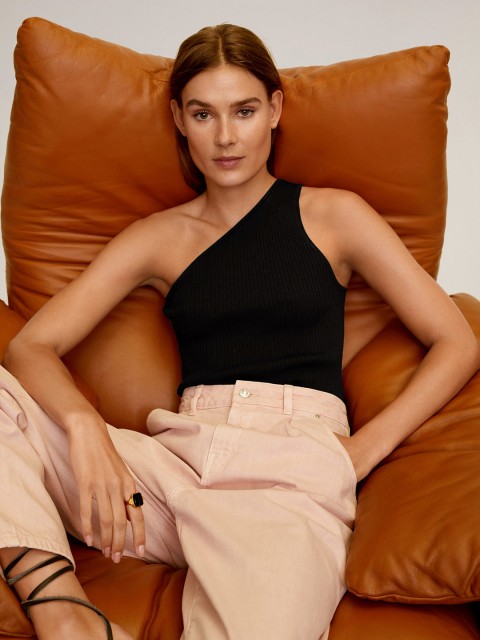 

MANGO Women Black Solid Ribbed One-Shoulder Top
