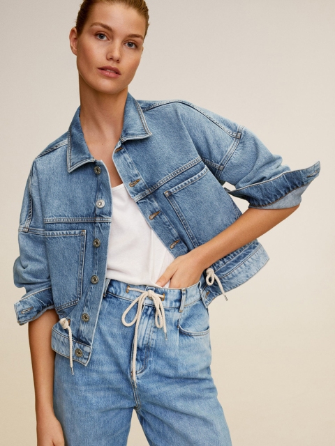

MANGO Women Blue Solid Denim Jacket with Drawstring Details