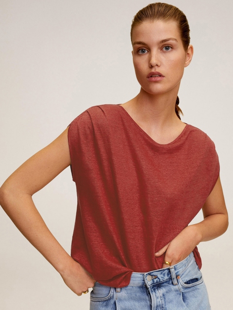 

MANGO Women Red Solid Round Neck Linen T-shirt