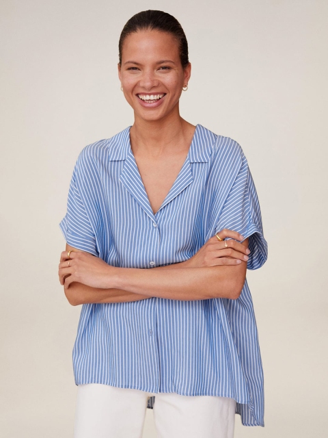 

MANGO Women Blue & White Striped High-Low Shirt-Style Top With Cuban Collar
