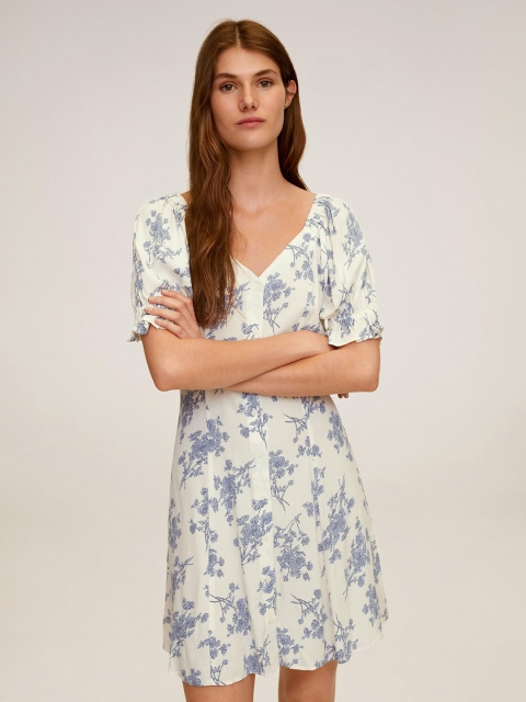 

MANGO Women White & Blue Floral Printed Panelled A-Line Dress